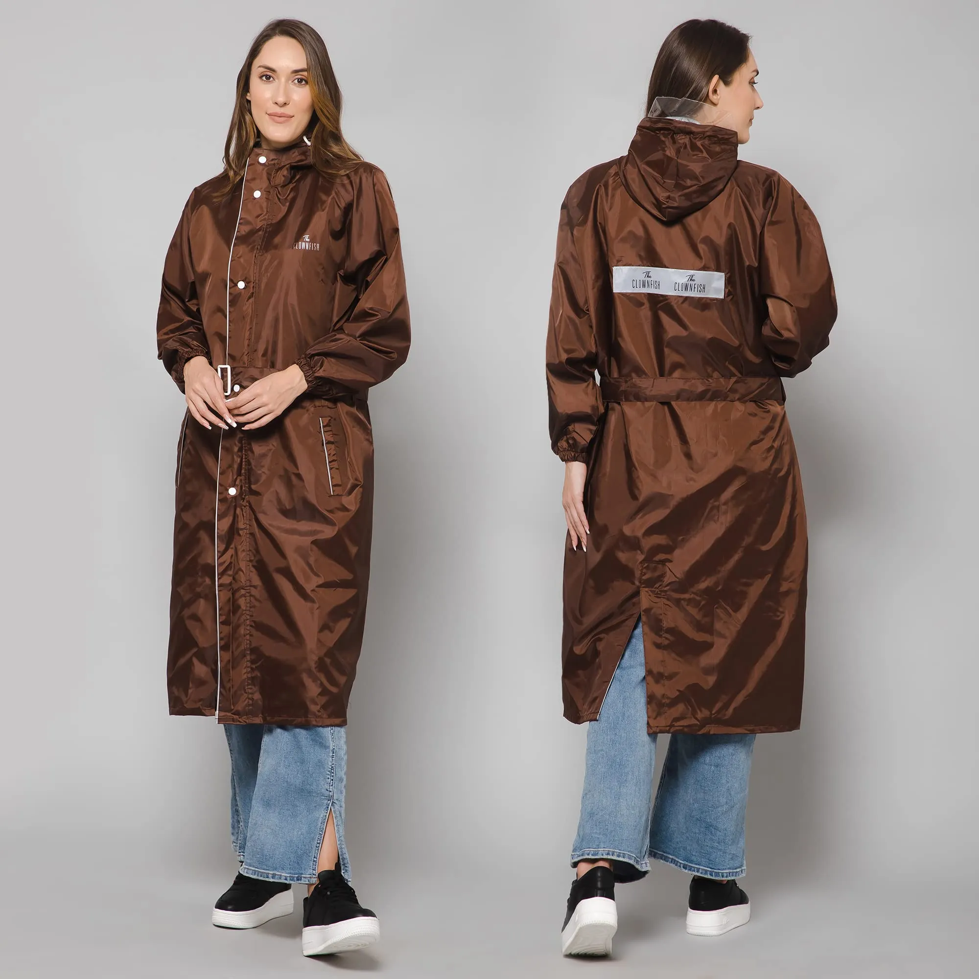 THE CLOWNFISH Polyester Raincoats For Women Raincoat For Ladies Waterproof Reversible Double Layer. Drizzle Diva Series (Brown, X-Large)