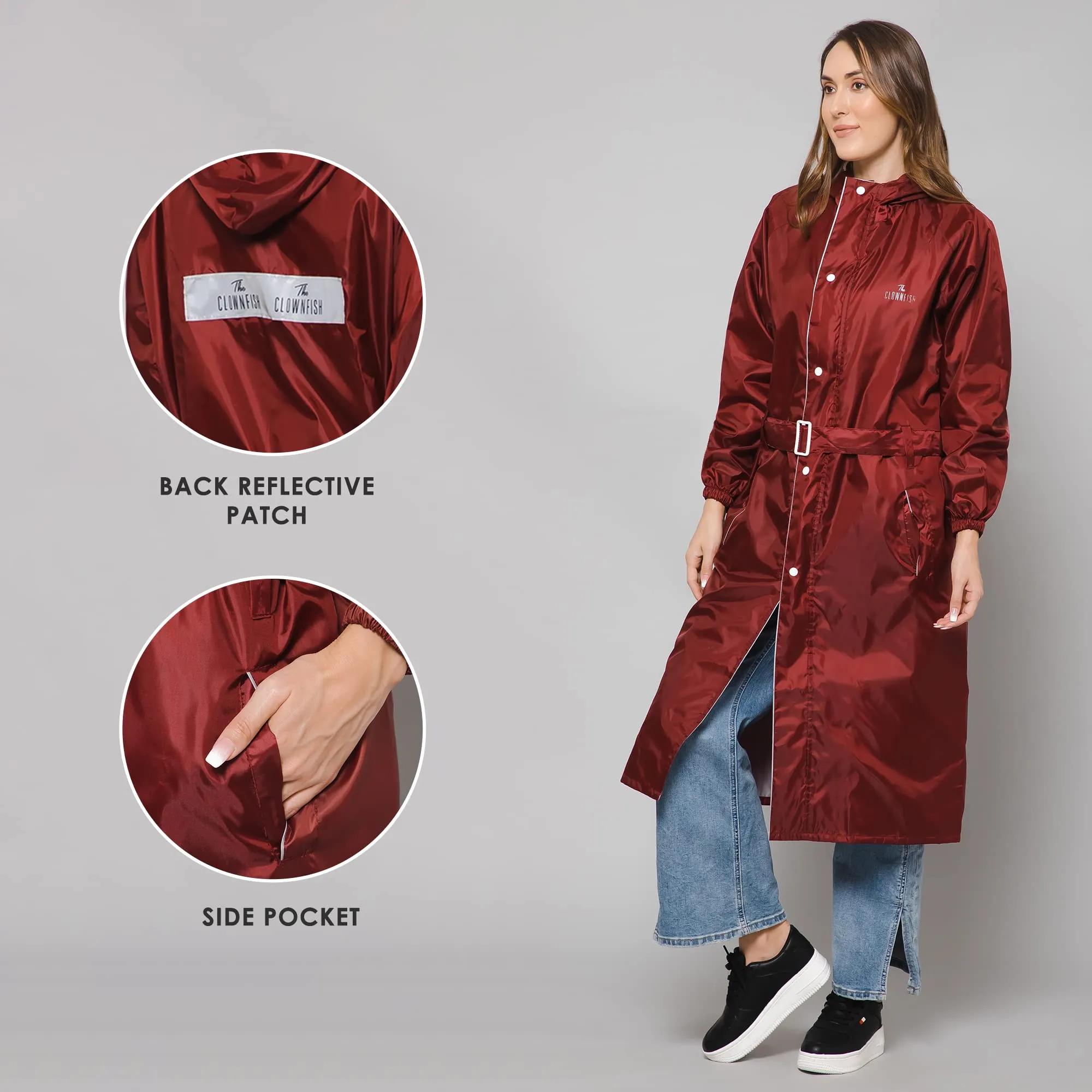 THE CLOWNFISH Polyester Raincoats For Women Raincoat For Ladies Waterproof Reversible Double Layer. Drizzle Diva Series (Maroon, Large)