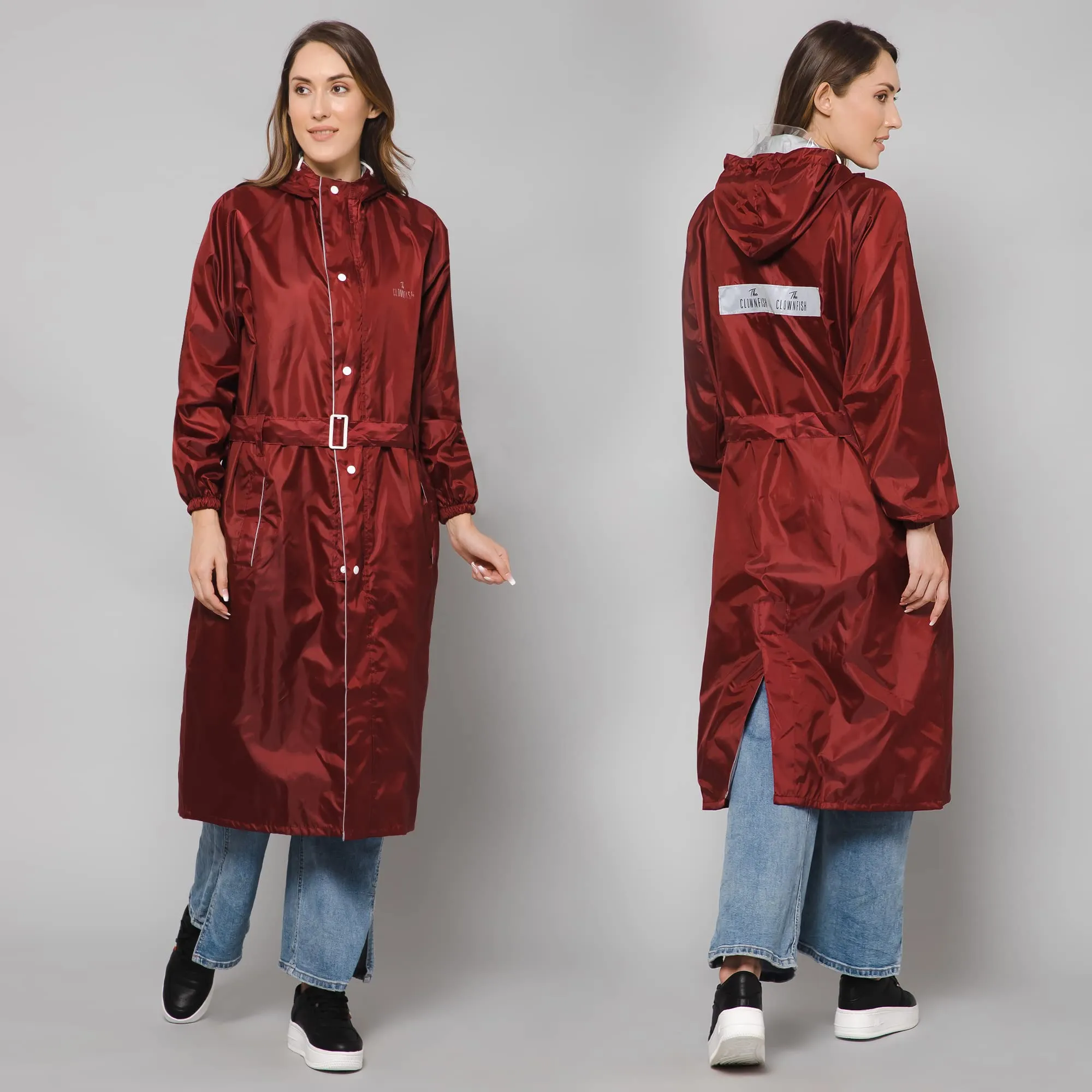 THE CLOWNFISH Polyester Raincoats For Women Raincoat For Ladies Waterproof Reversible Double Layer. Drizzle Diva Series (Maroon, Large)