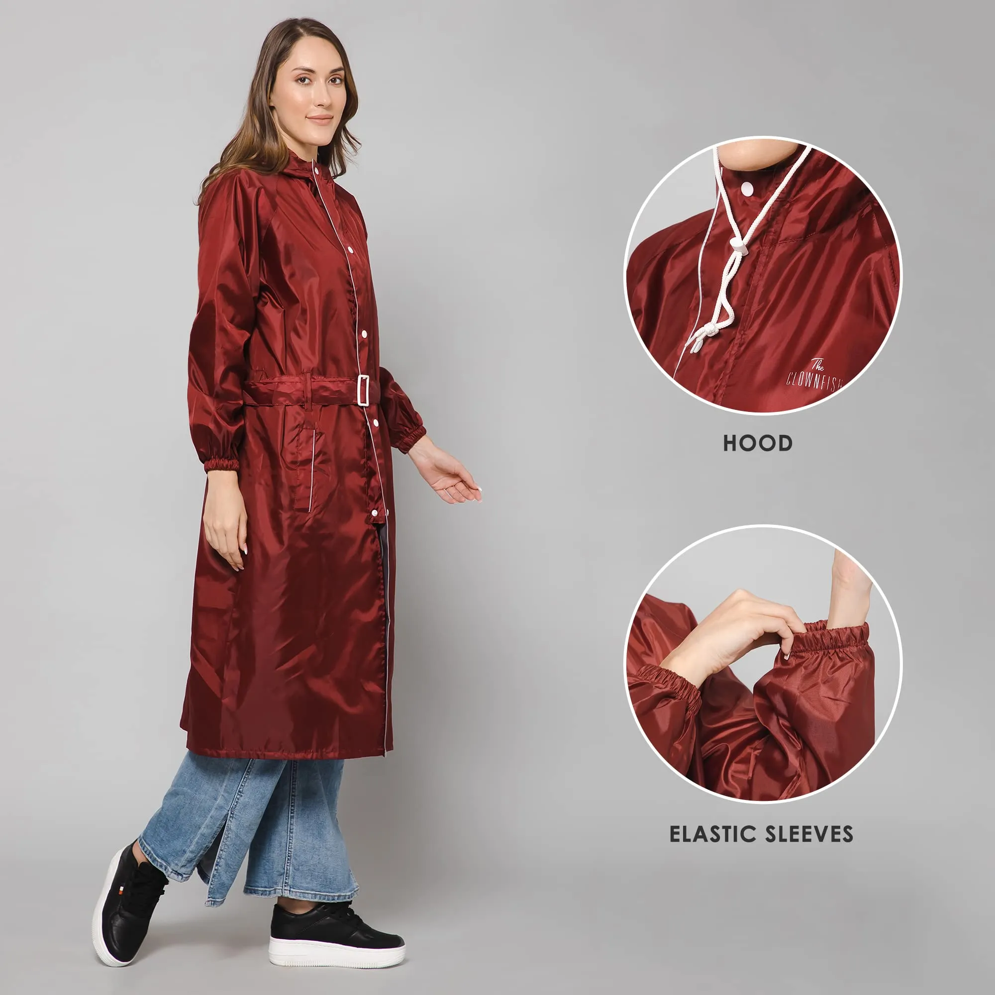 THE CLOWNFISH Polyester Raincoats For Women Raincoat For Ladies Waterproof Reversible Double Layer. Drizzle Diva Series (Maroon, Large)