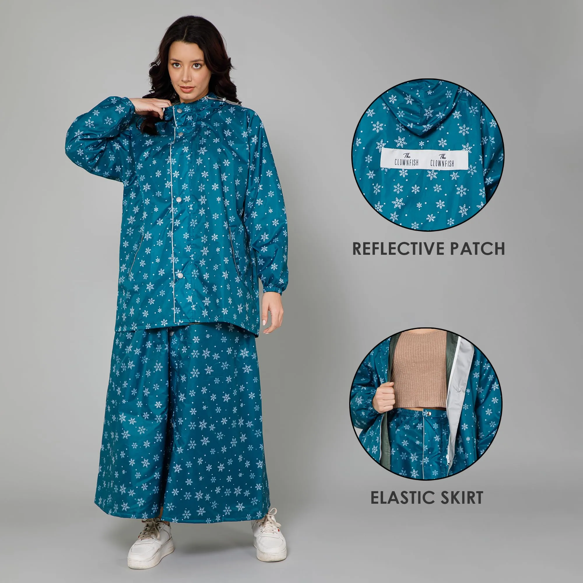 THE CLOWNFISH Polyester Waterproof Rain Coat For Women Skirt and Top Raincoat With Adjustable Hood and Front Pockets Rain Glam Series (Turquoise Blue Floral, XX-Large)