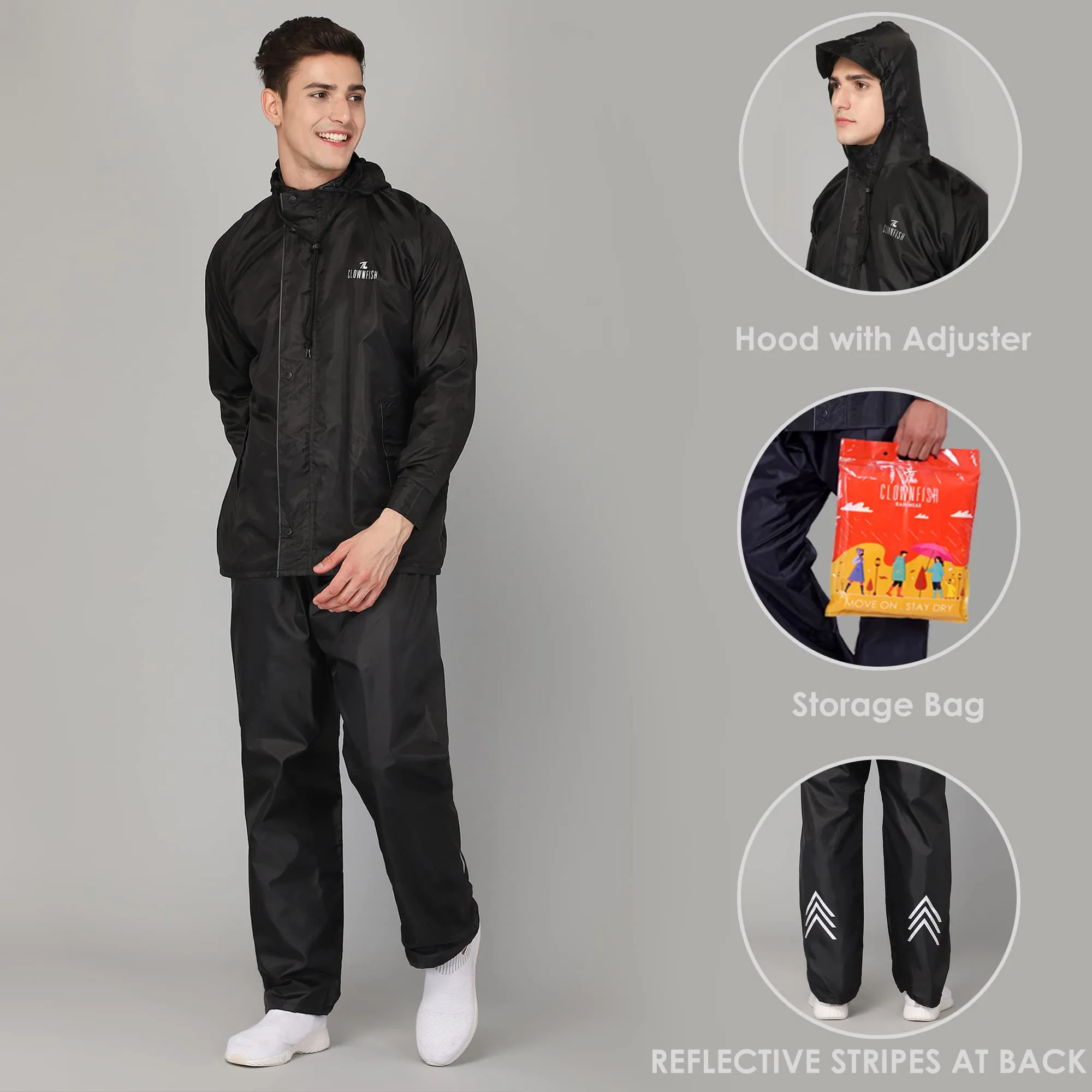 THE CLOWNFISH Rain Coat For Men Standard Length Waterproof Raincoat With Pants Polyester Reversible Double Layer Bike Rain Suit Rain Jacket Suit Inner Mobile Pocket With Storage Bag (Black Xxxl)