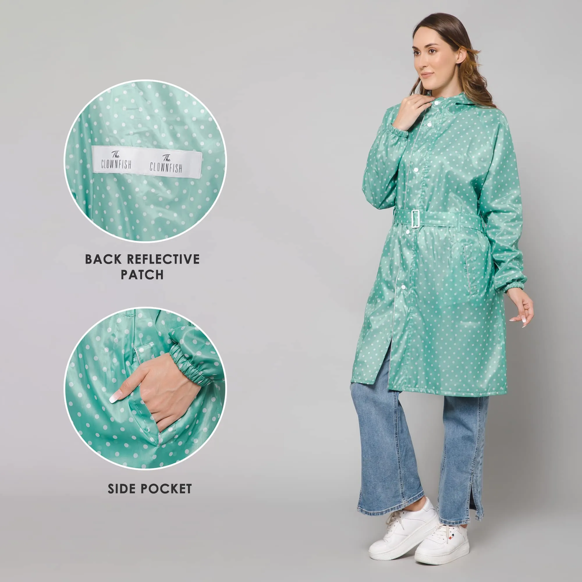 THE CLOWNFISH Raincoats for Women Rain Coat for Women Longcoat Raincoat for Ladies Waterproof Reversible Double Layer. Dotty Delight Series (Green, XXXX-Large)