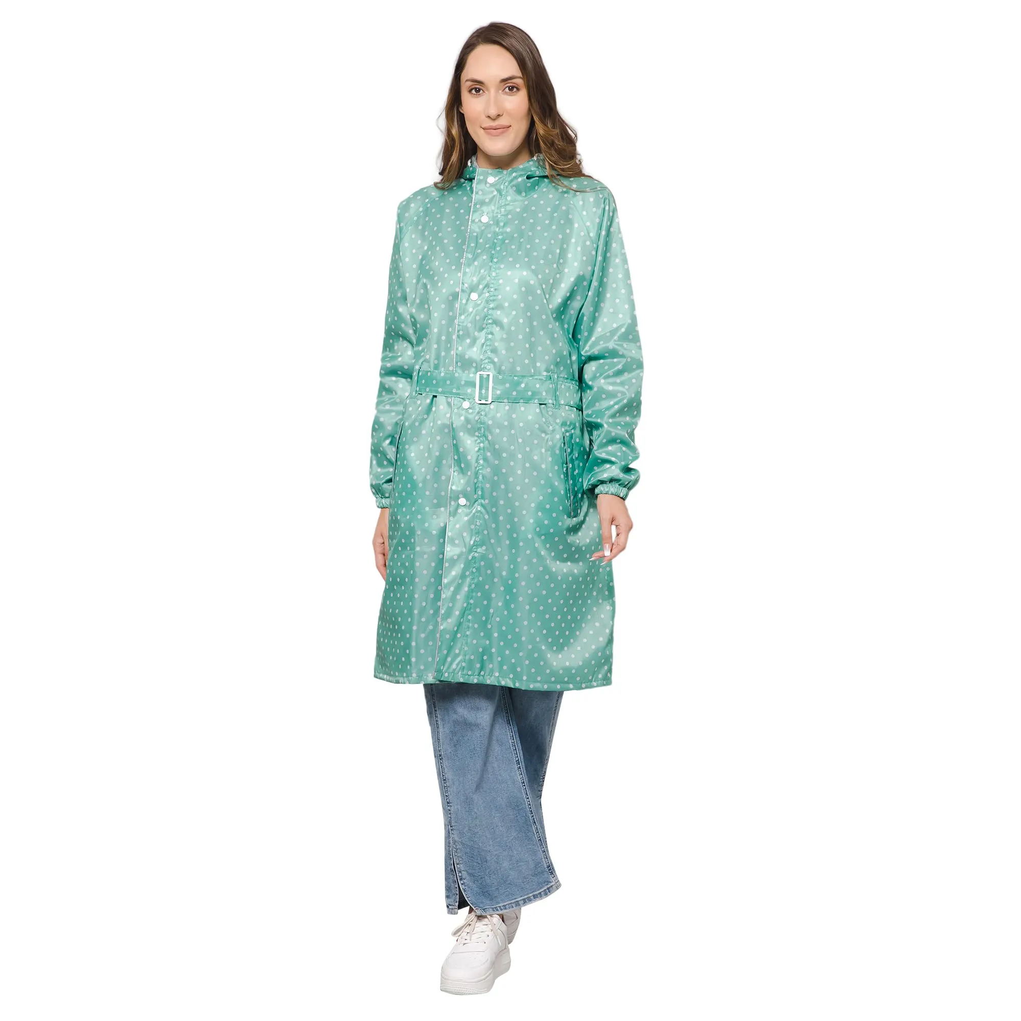 THE CLOWNFISH Raincoats for Women Rain Coat for Women Longcoat Raincoat for Ladies Waterproof Reversible Double Layer. Dotty Delight Series (Green, XXXX-Large)