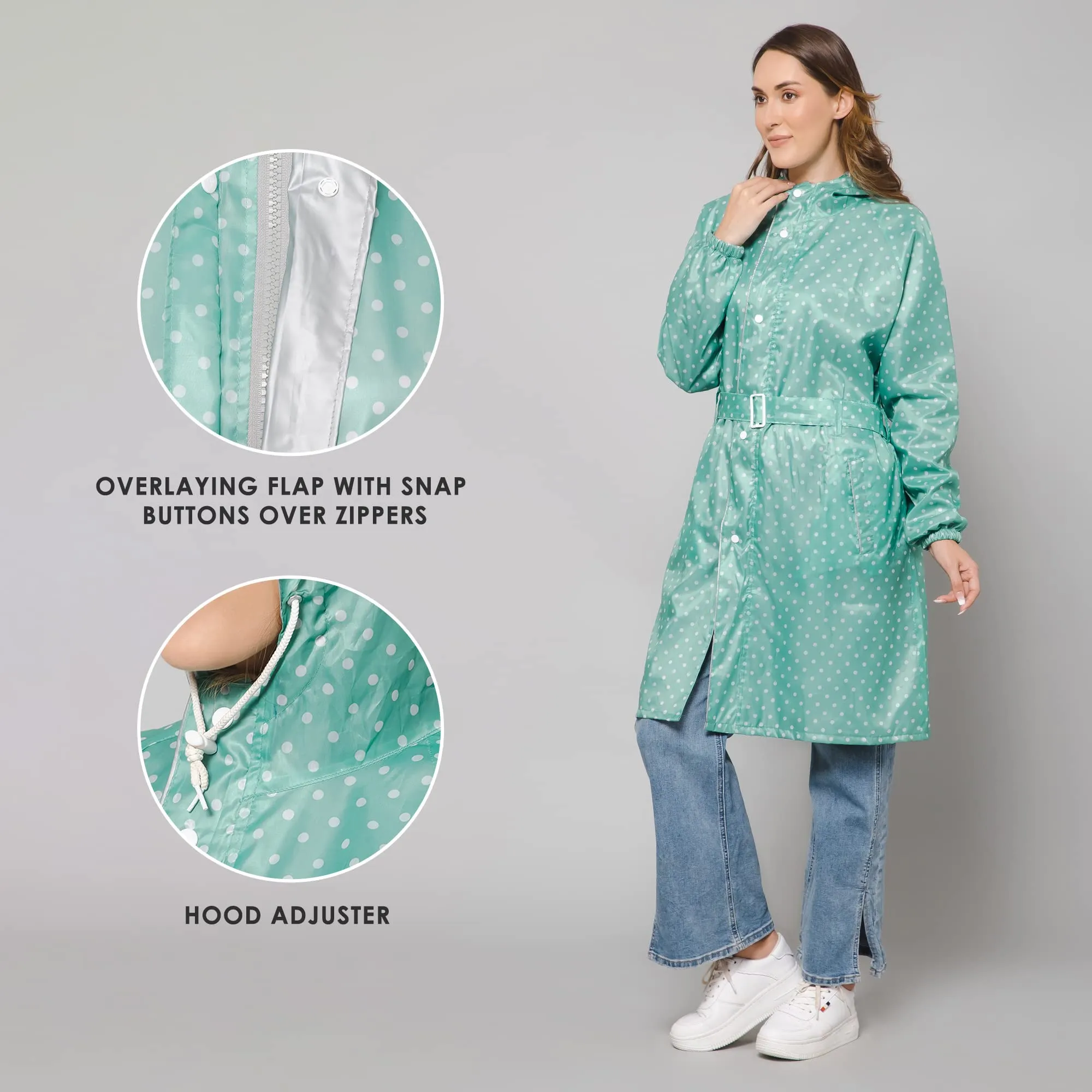 THE CLOWNFISH Raincoats for Women Rain Coat for Women Longcoat Raincoat for Ladies Waterproof Reversible Double Layer. Dotty Delight Series (Green, XXXX-Large)