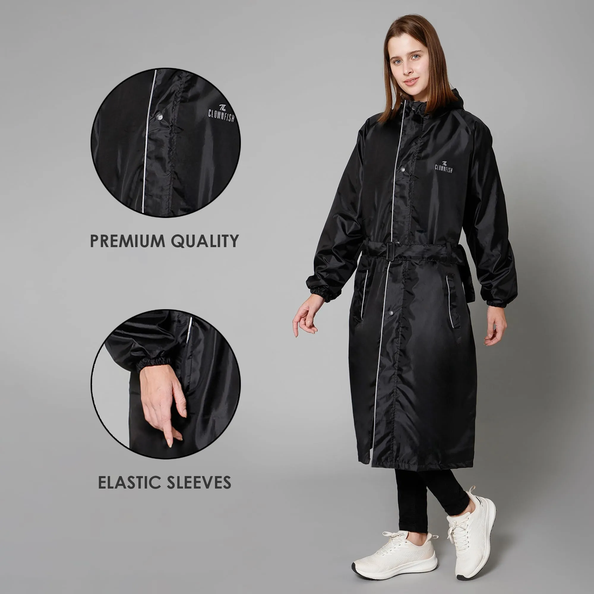 THE CLOWNFISH Raincoats for Women Raincoat for Ladies Waterproof Reversible Double Layer. Drizzle Diva Series (Black, XXX-Large)