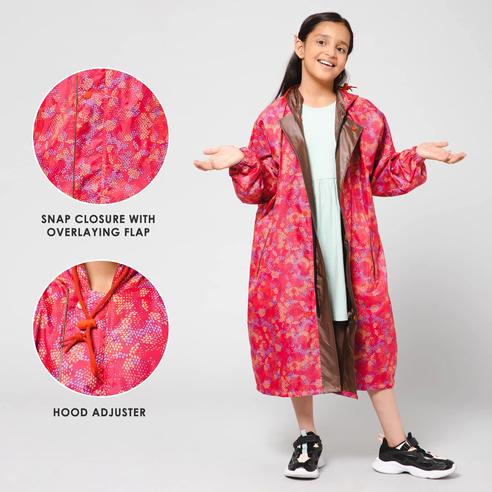 THE CLOWNFISH Splash Squad Series Kids Raincoat Waterproof Polyester Double Coating Reversible Longcoat with Hood and Reflector Logo at Back. Printed Plastic Pouch. Kid Age-7-8 years (Rose Red)