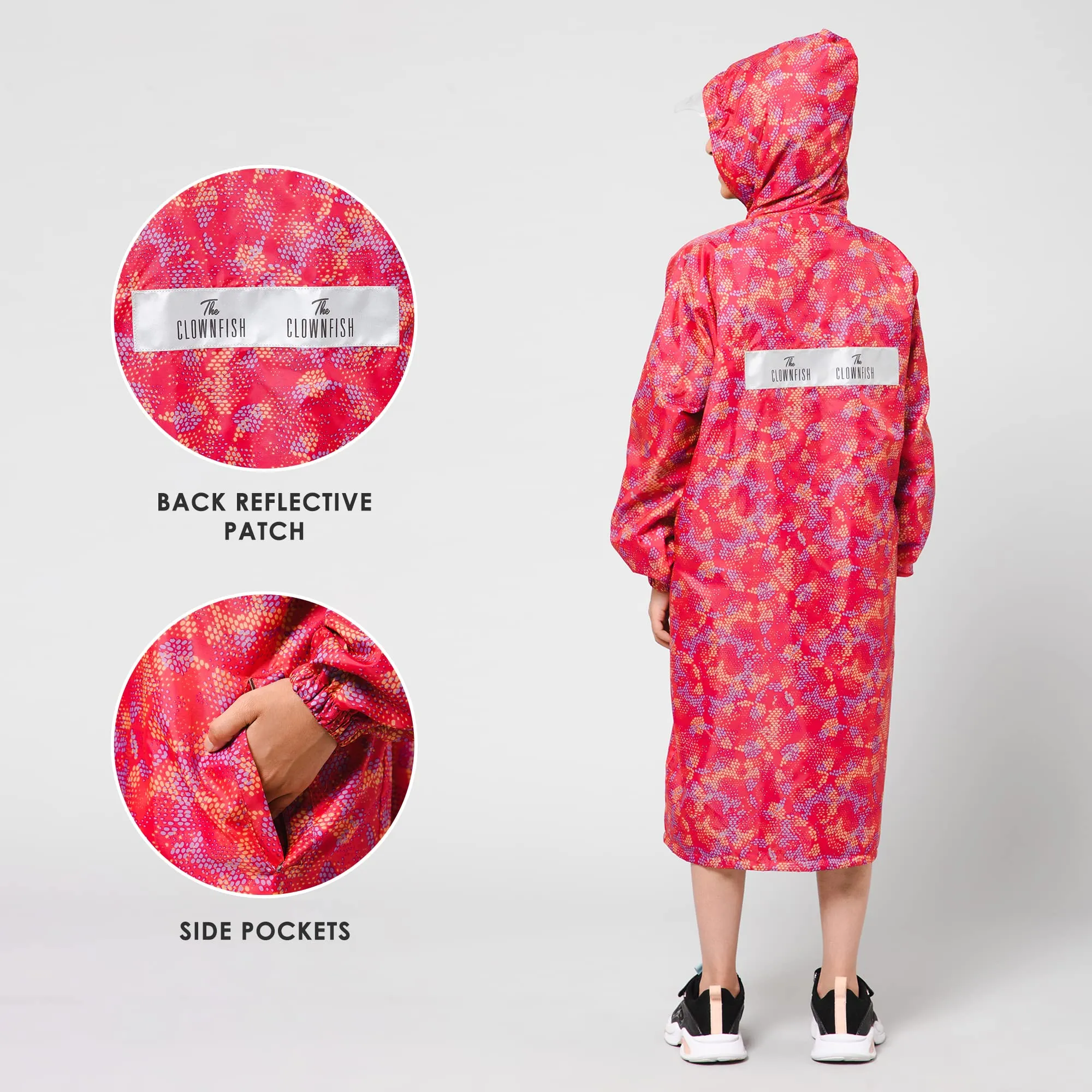 THE CLOWNFISH Splash Squad Series Kids Raincoat Waterproof Polyester Double Coating Reversible Longcoat with Hood and Reflector Logo at Back. Printed Plastic Pouch. Kid Age-7-8 years (Rose Red)