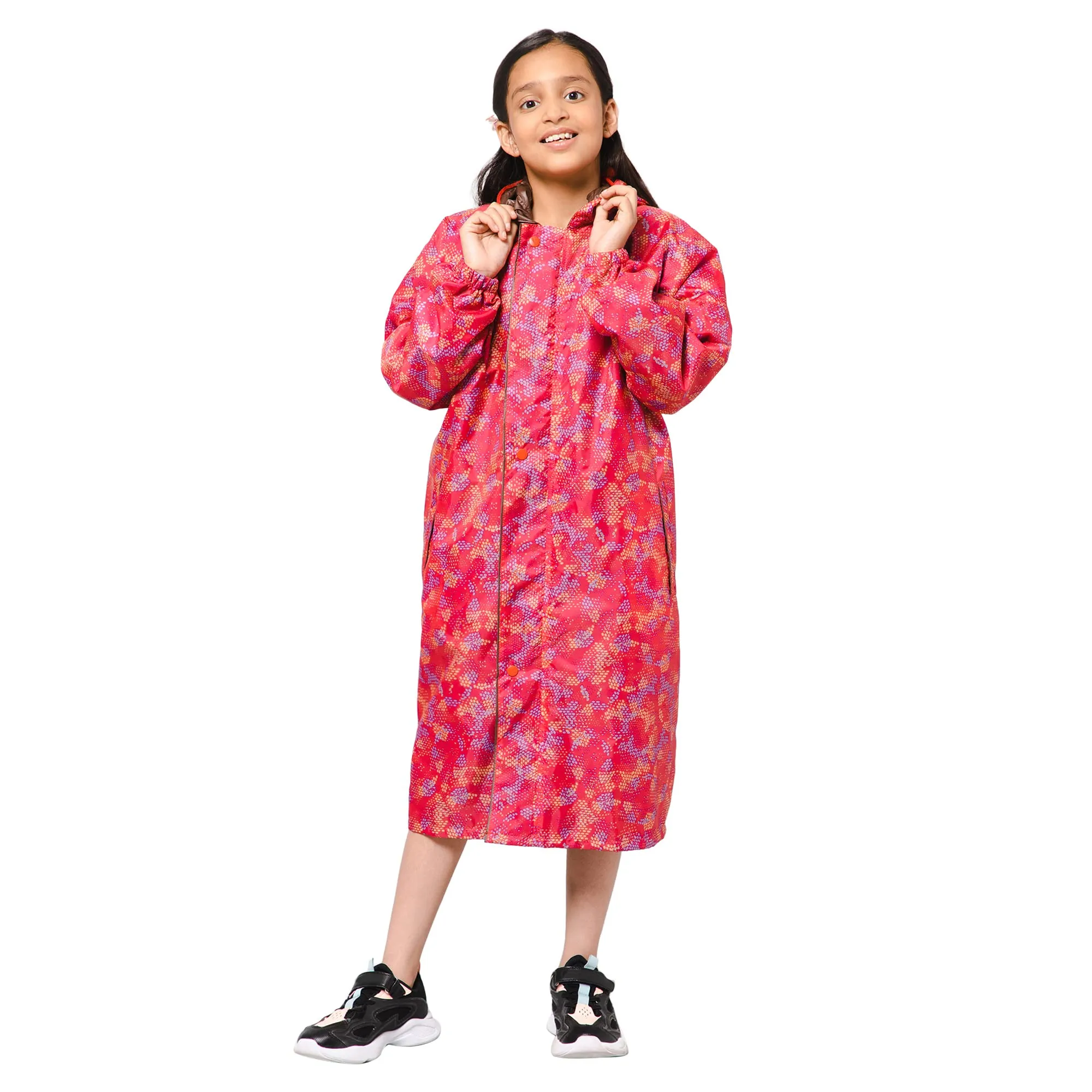 THE CLOWNFISH Splash Squad Series Kids Raincoat Waterproof Polyester Double Coating Reversible Longcoat with Hood and Reflector Logo at Back. Printed Plastic Pouch. Kid Age-7-8 years (Rose Red)