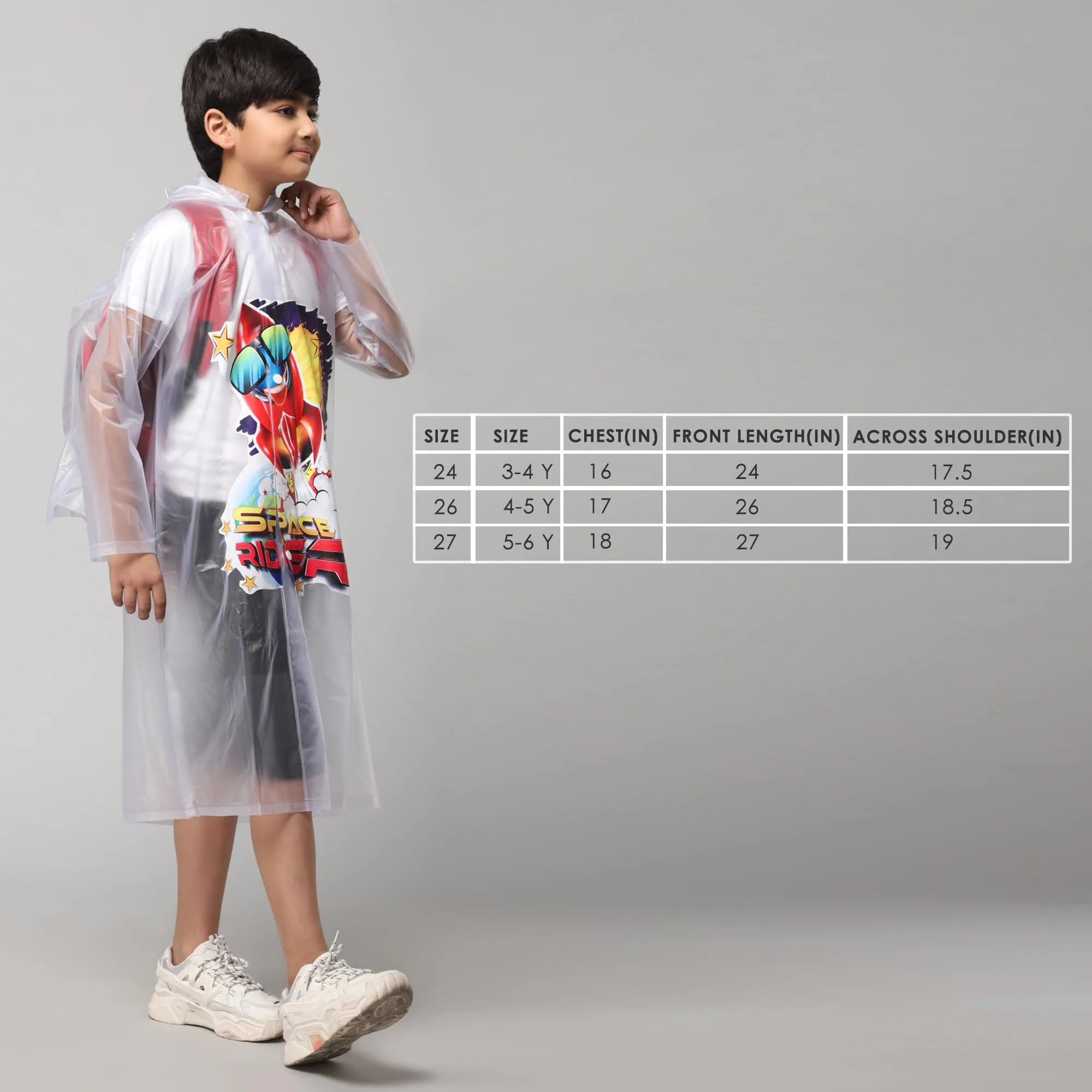 THE CLOWNFISH Toon Caper Series Kids Waterproof PVC Longcoat with Adjustable Hood & Extra Space for Backpack/Schoolbag Holding. Printed Plastic Pouch. Kid Age-3-4 years (Link White-Transparent)