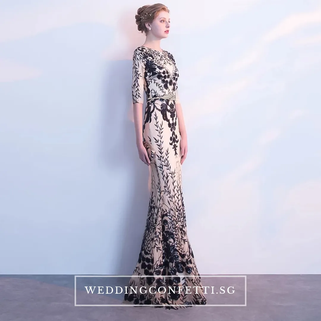 The Jhoviani Champagne/Black Long Sleeves Gown