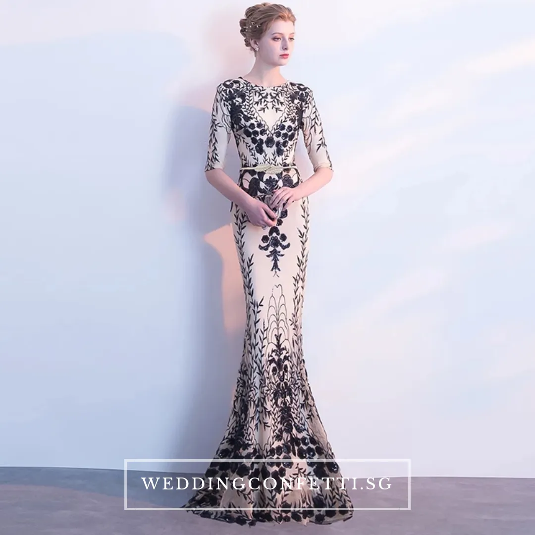 The Jhoviani Champagne/Black Long Sleeves Gown