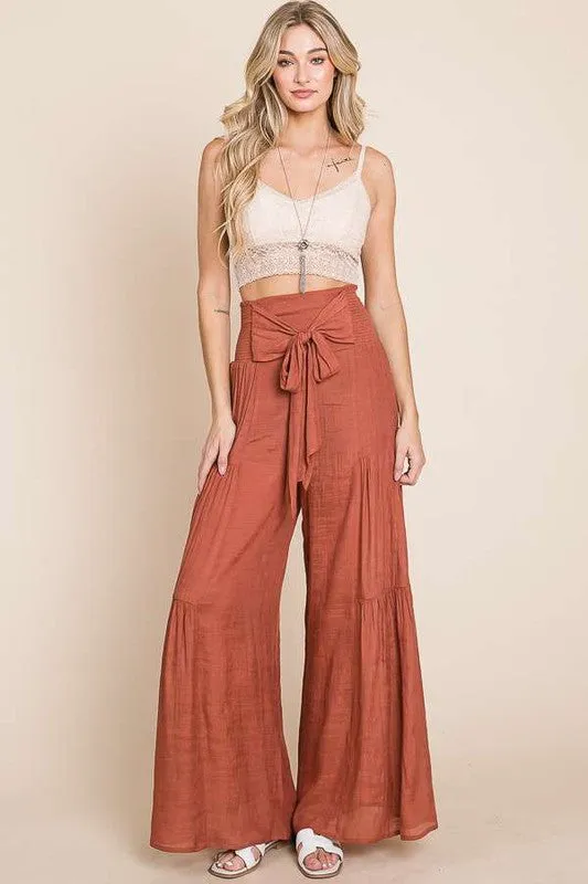 Tie front ruched waist back pants