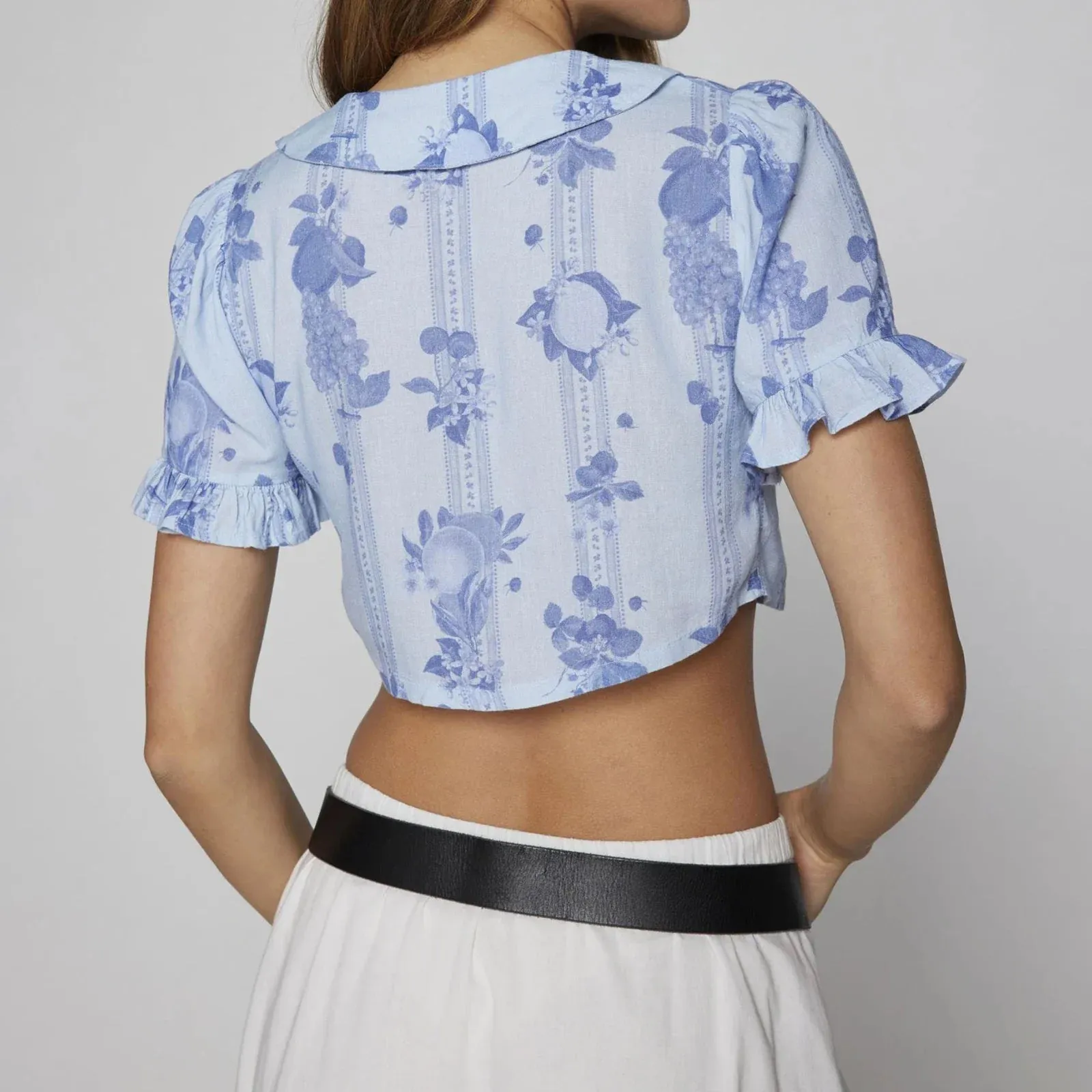 Top Basic Floral Print Embroidery Tie Front Short Sleeve Aesthetic Streetwear Crop Blouse