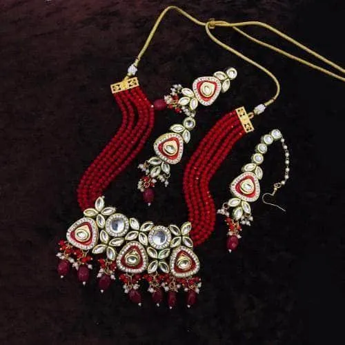 Triangular Meenakundan Necklace Earring And Teeka Set