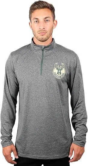 Ultra Game NBA Official Men’s Quarter Zip Long Sleeve Pullover T-Shirt - Unisex Milwaukee Bucks|Milwaukee Bucks