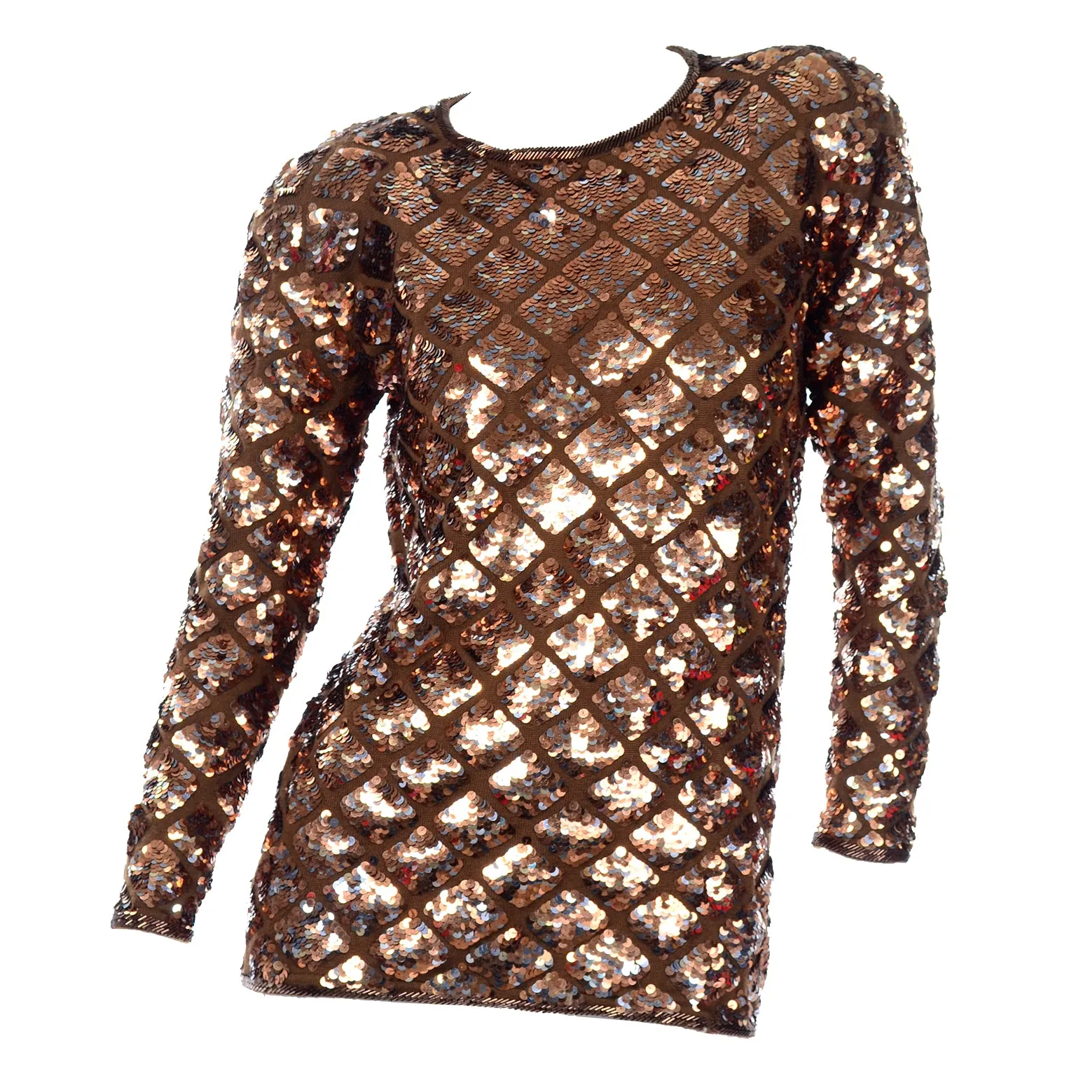 Vintage Copper Sequins Beaded Knit Pullover Sweater Top