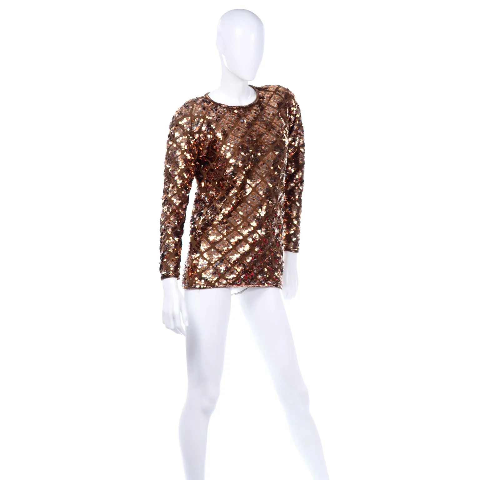 Vintage Copper Sequins Beaded Knit Pullover Sweater Top