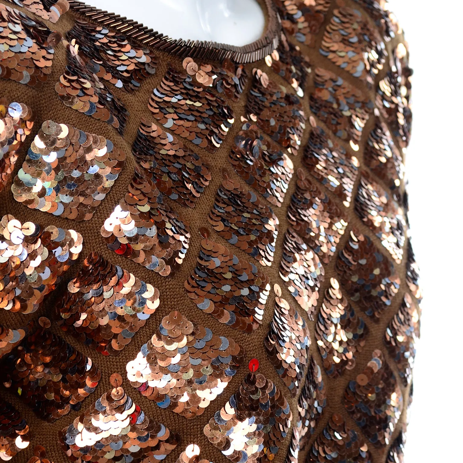 Vintage Copper Sequins Beaded Knit Pullover Sweater Top