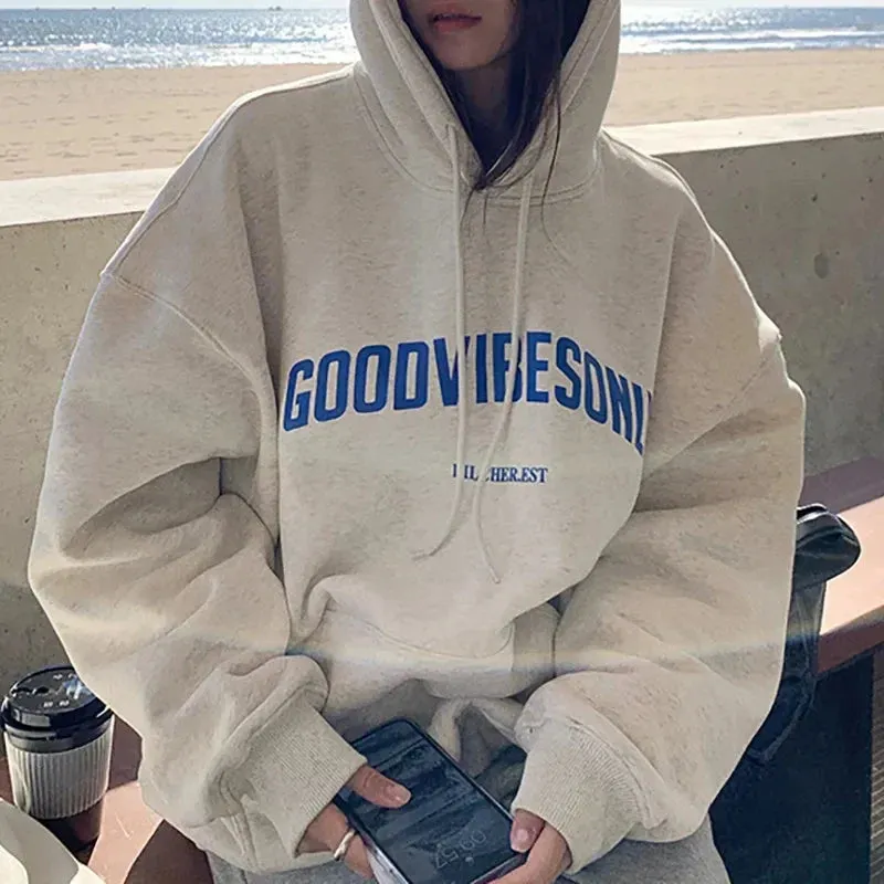 Vintage Letter Print Oversize Pullover Hoodie