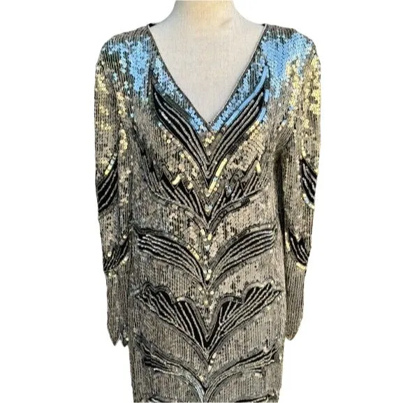 Vintage Sequin & Silk V Neck Long Sleeve Tiger Print Silver Black Women's Dress