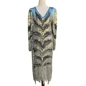 Vintage Sequin & Silk V Neck Long Sleeve Tiger Print Silver Black Women's Dress