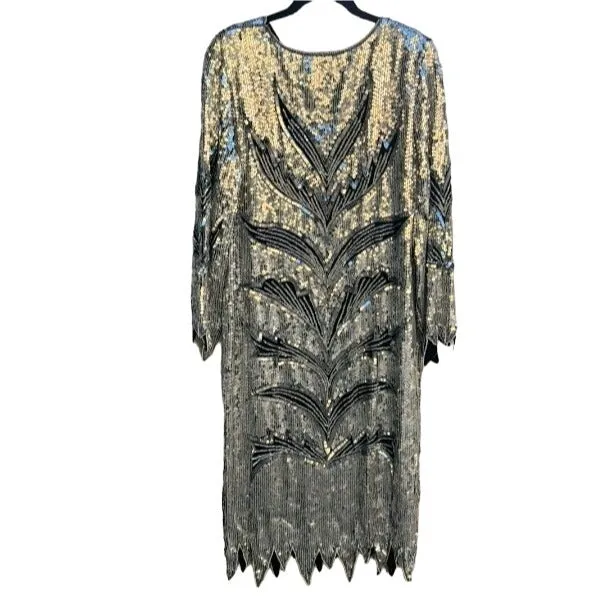 Vintage Sequin & Silk V Neck Long Sleeve Tiger Print Silver Black Women's Dress