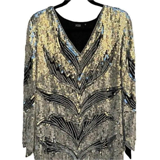 Vintage Sequin & Silk V Neck Long Sleeve Tiger Print Silver Black Women's Dress