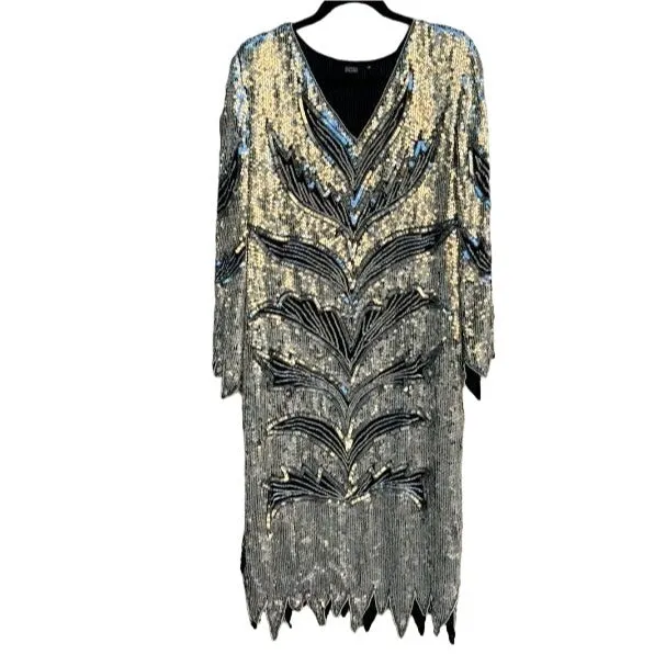 Vintage Sequin & Silk V Neck Long Sleeve Tiger Print Silver Black Women's Dress