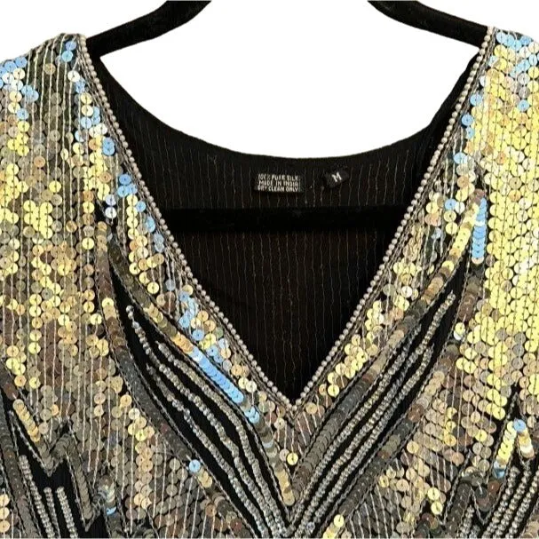 Vintage Sequin & Silk V Neck Long Sleeve Tiger Print Silver Black Women's Dress