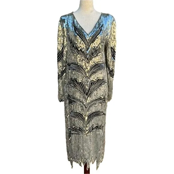 Vintage Sequin & Silk V Neck Long Sleeve Tiger Print Silver Black Women's Dress