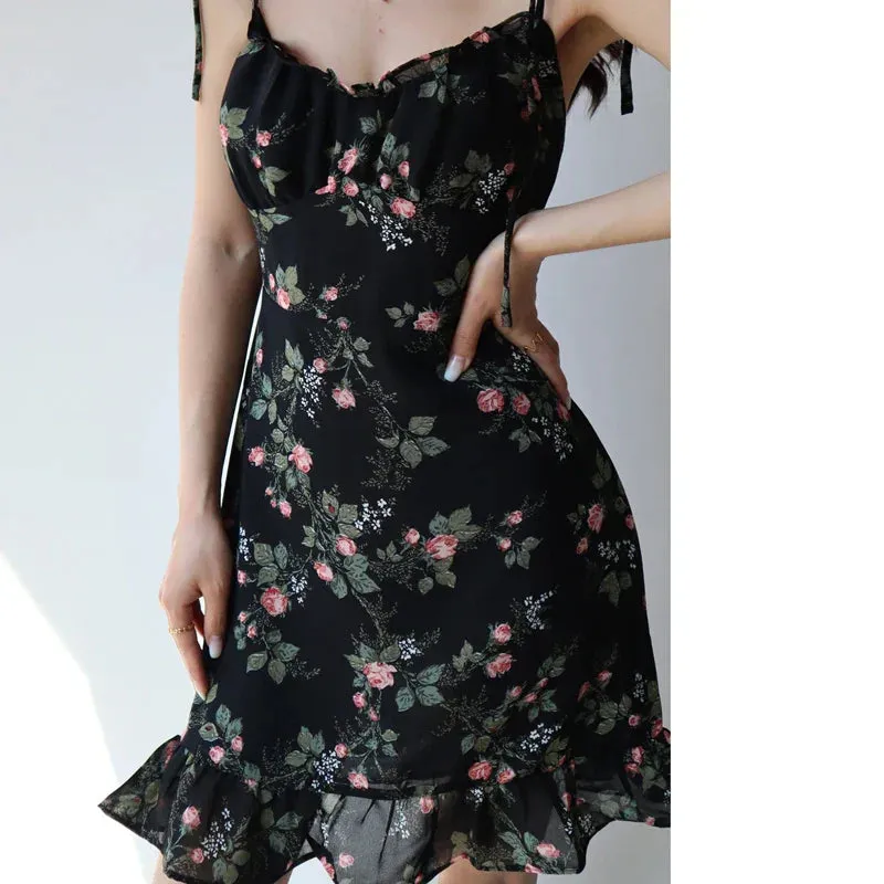 Waisted Style High Floral Holiday V-neck Lace-up French Slimming Dress