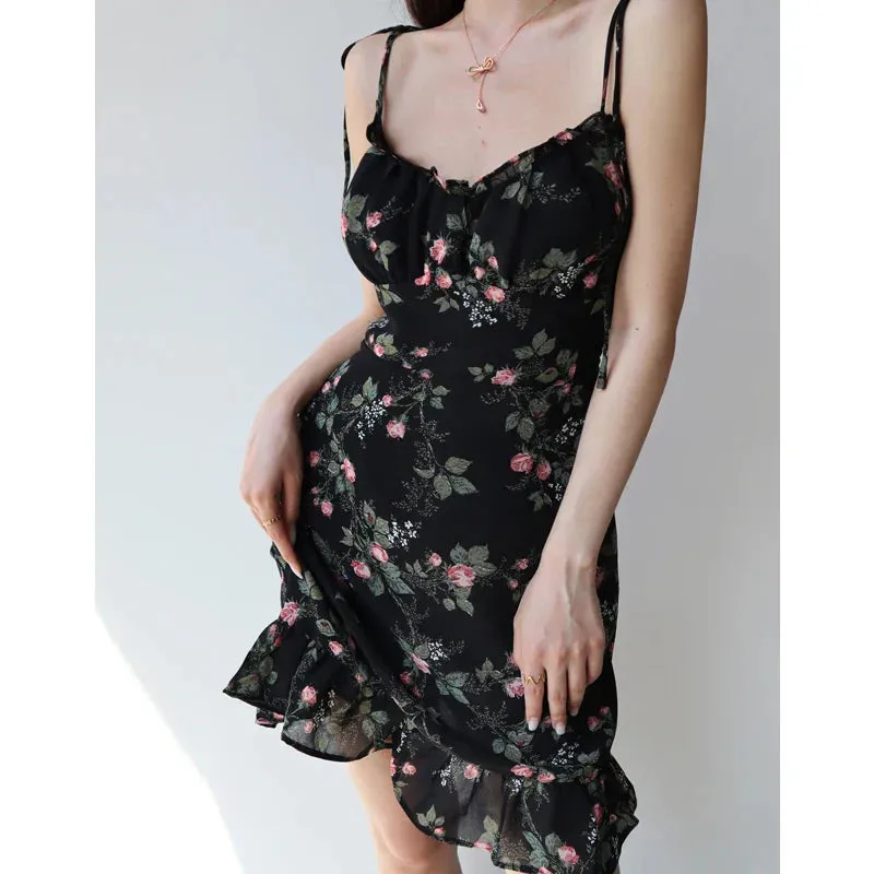 Waisted Style High Floral Holiday V-neck Lace-up French Slimming Dress