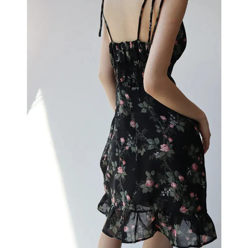 Waisted Style High Floral Holiday V-neck Lace-up French Slimming Dress