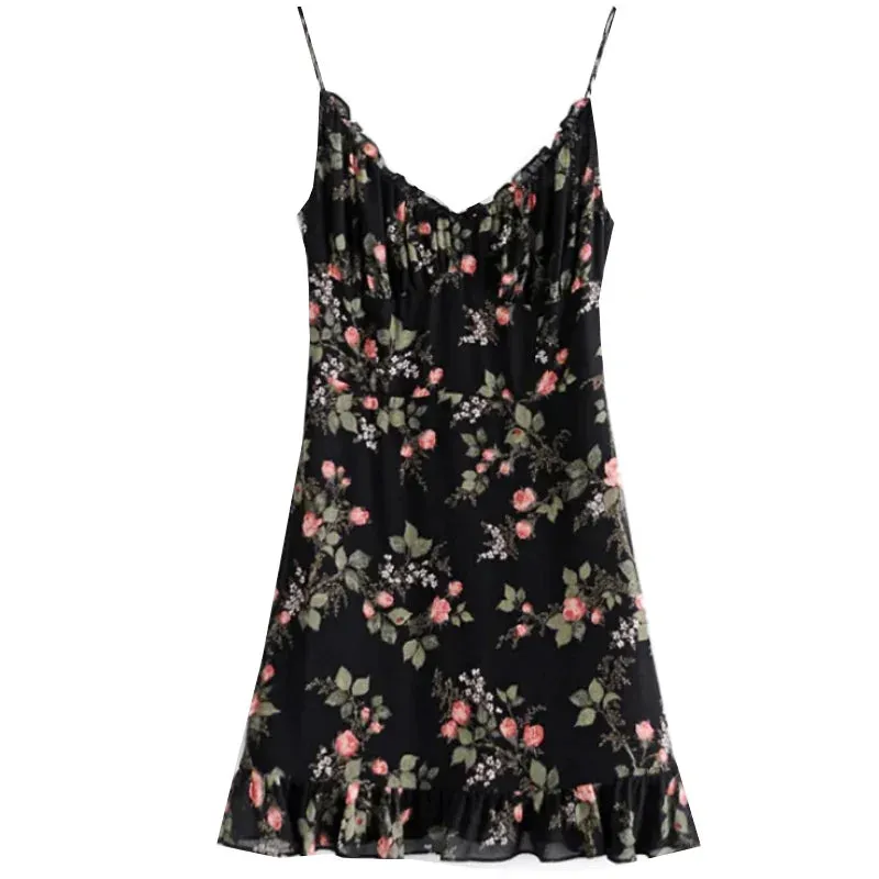 Waisted Style High Floral Holiday V-neck Lace-up French Slimming Dress