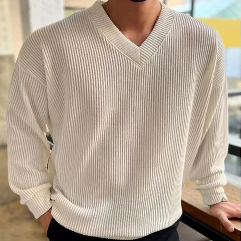 Wiaofellas  -  Mens Casual V-Neck Solid Sweater Spring Autumn Fashion Knitt Pullover Tops For Men Tees Harajuku Long Sleeve Clothing Streetwear