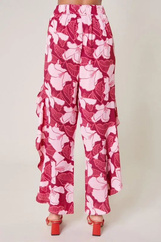 Wine-Floral Ginger Berry Asymmetrical Ruffle Pants