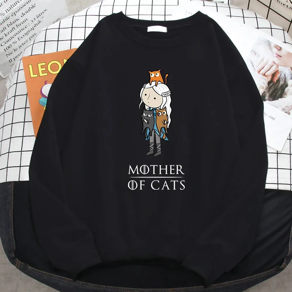 Winter Fashion Pullover For Women Cartoons Mother Of Cats Print Hoody Warm Crewneck Sweatshirt Loose Fleece Female Streetwear