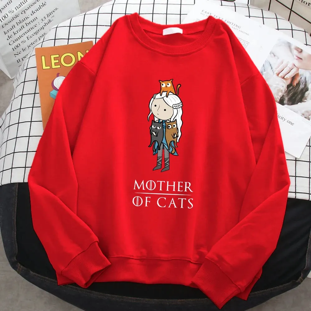 Winter Fashion Pullover For Women Cartoons Mother Of Cats Print Hoody Warm Crewneck Sweatshirt Loose Fleece Female Streetwear