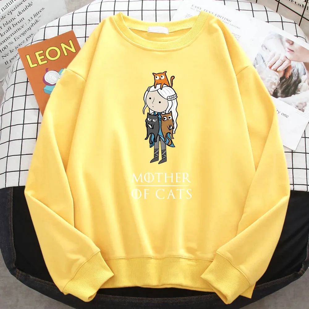 Winter Fashion Pullover For Women Cartoons Mother Of Cats Print Hoody Warm Crewneck Sweatshirt Loose Fleece Female Streetwear