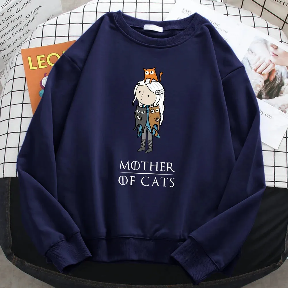 Winter Fashion Pullover For Women Cartoons Mother Of Cats Print Hoody Warm Crewneck Sweatshirt Loose Fleece Female Streetwear