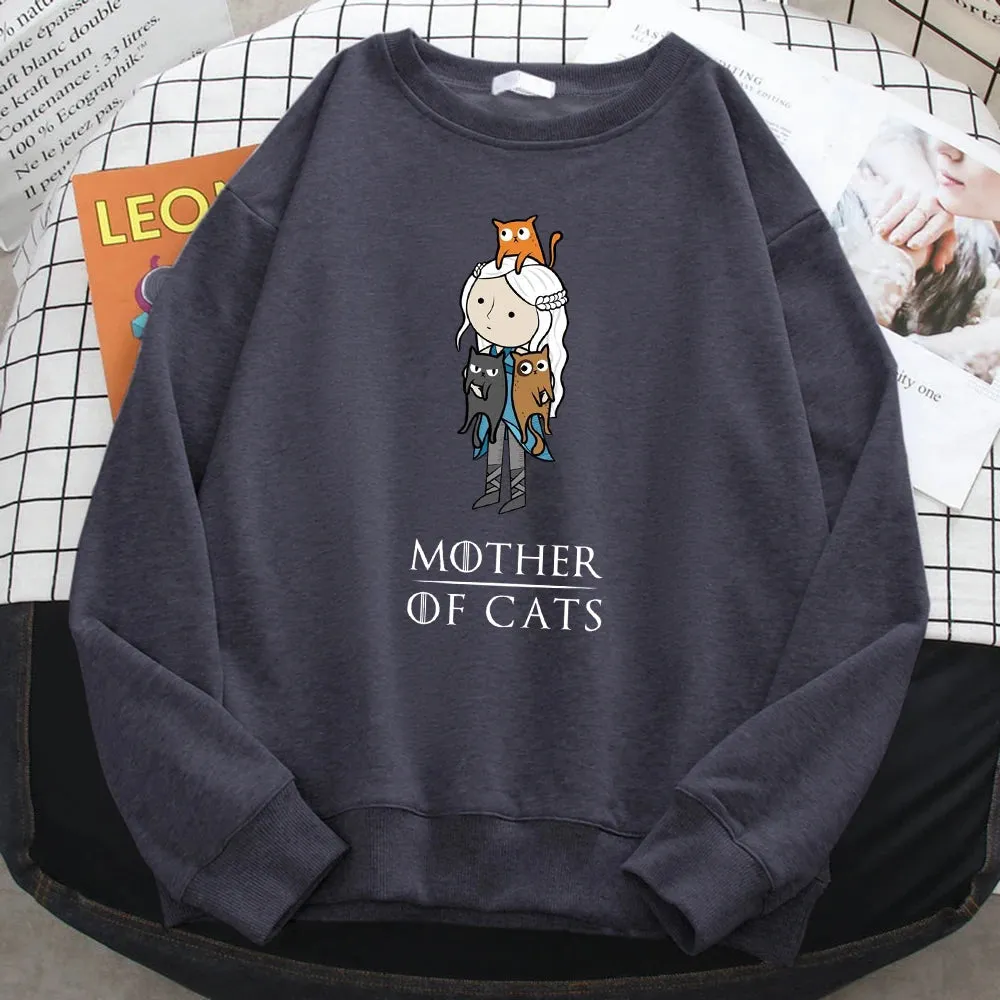 Winter Fashion Pullover For Women Cartoons Mother Of Cats Print Hoody Warm Crewneck Sweatshirt Loose Fleece Female Streetwear