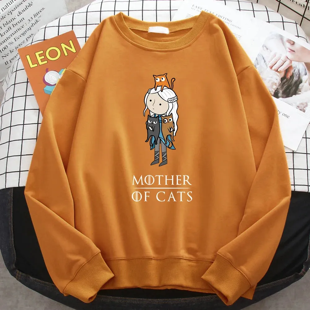 Winter Fashion Pullover For Women Cartoons Mother Of Cats Print Hoody Warm Crewneck Sweatshirt Loose Fleece Female Streetwear