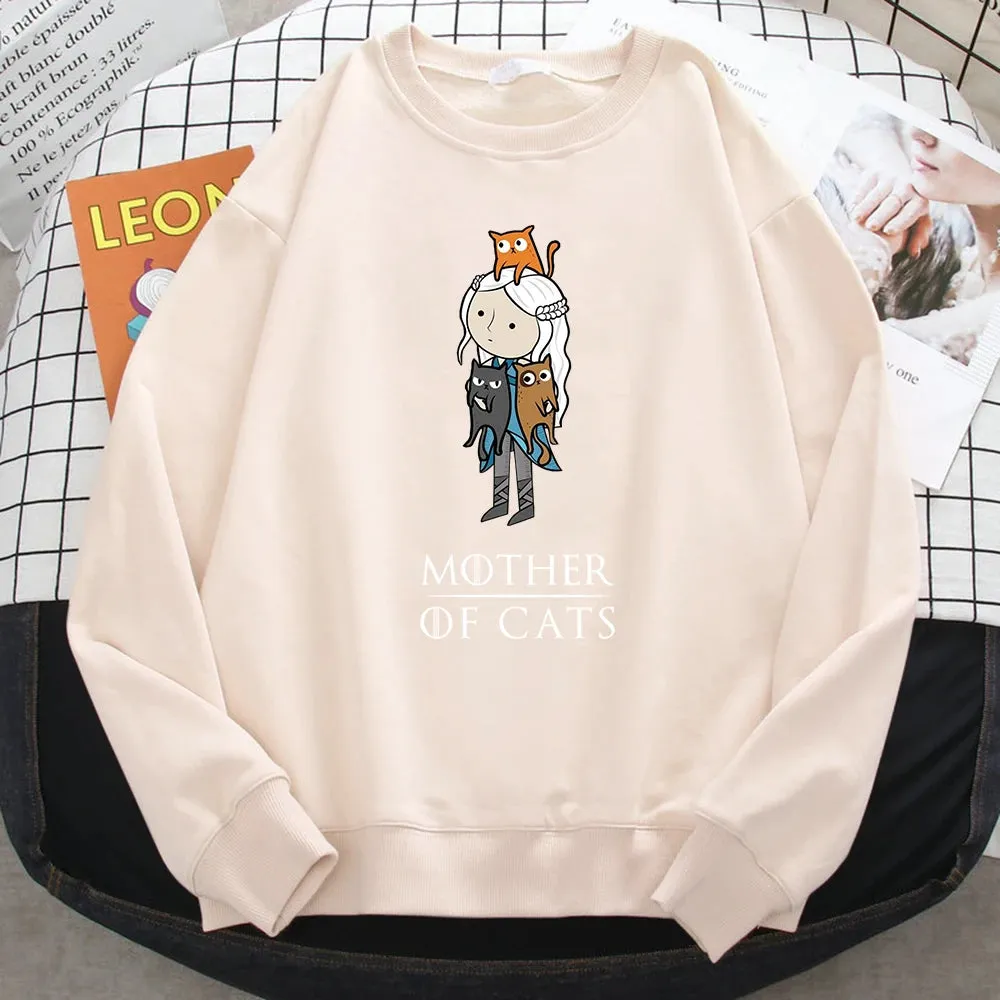 Winter Fashion Pullover For Women Cartoons Mother Of Cats Print Hoody Warm Crewneck Sweatshirt Loose Fleece Female Streetwear