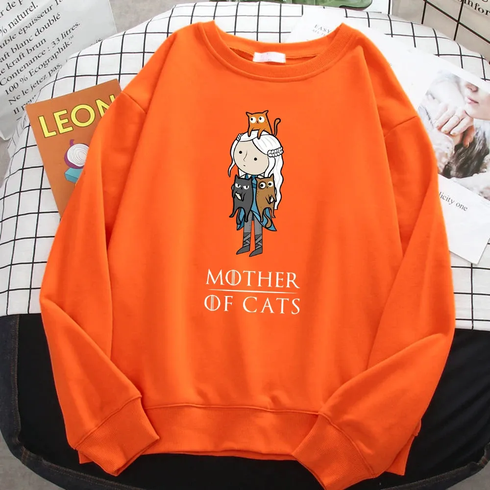 Winter Fashion Pullover For Women Cartoons Mother Of Cats Print Hoody Warm Crewneck Sweatshirt Loose Fleece Female Streetwear