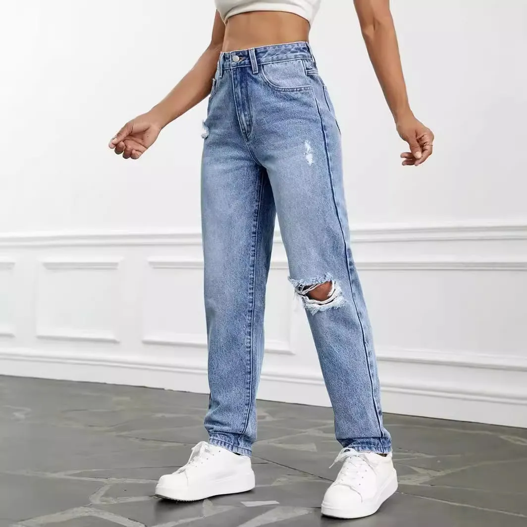 Women Clothing Jeans High Waist Loose Hole Straight Leg Pants