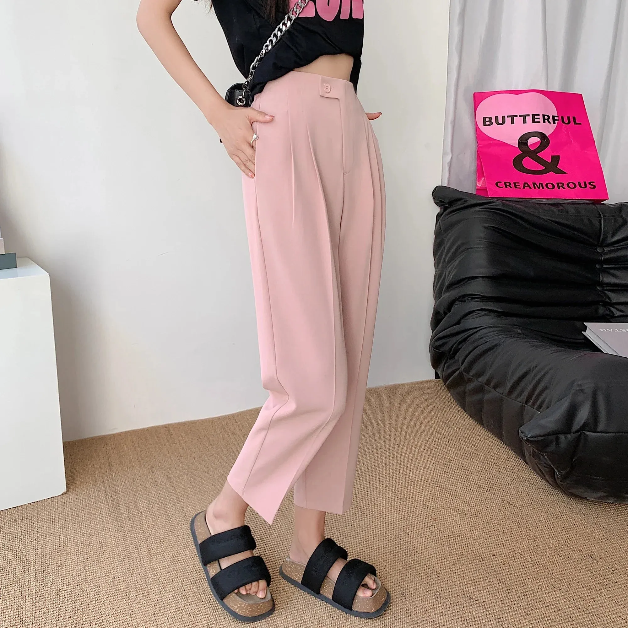 Women Cotton Pants Summer Fashion Elastic Waist Loose Straight Female Solid Color Ankle-Length Pants