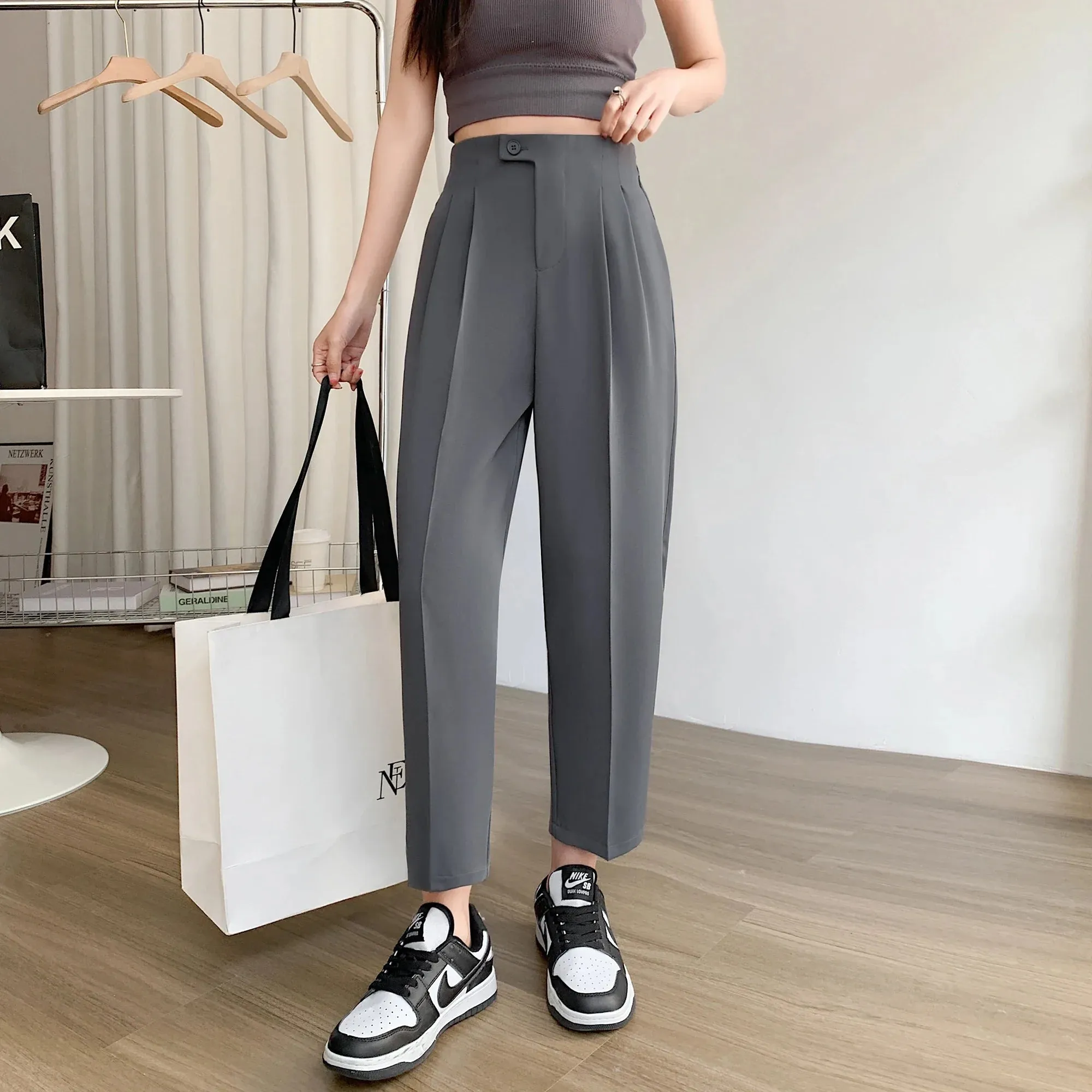 Women Cotton Pants Summer Fashion Elastic Waist Loose Straight Female Solid Color Ankle-Length Pants