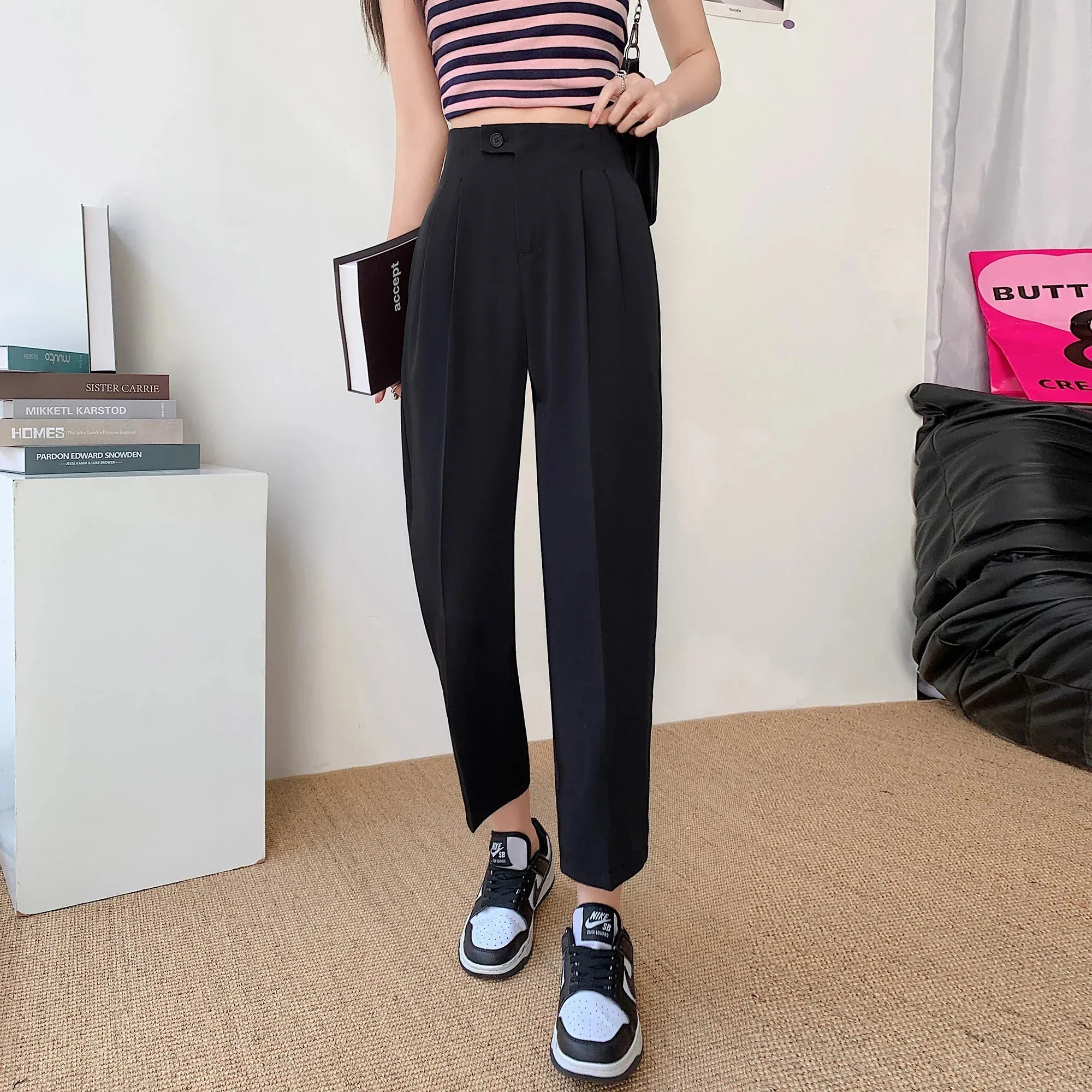 Women Cotton Pants Summer Fashion Elastic Waist Loose Straight Female Solid Color Ankle-Length Pants