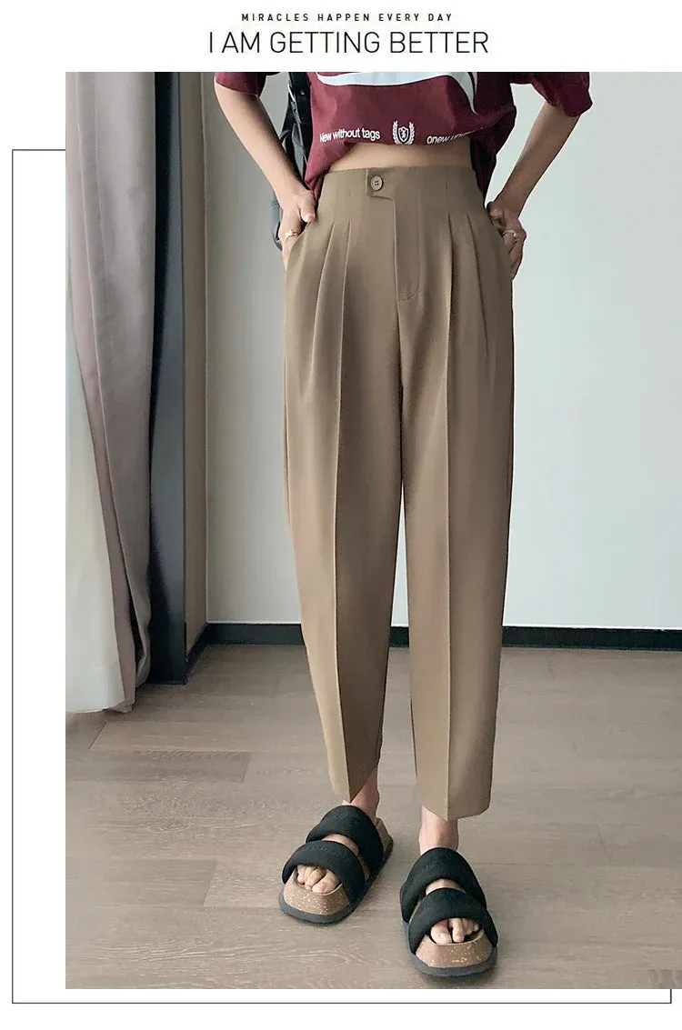 Women Cotton Pants Summer Fashion Elastic Waist Loose Straight Female Solid Color Ankle-Length Pants